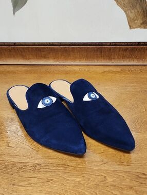 Anthropolgie Navy Suede Pointed Mules with Eye Embroidery